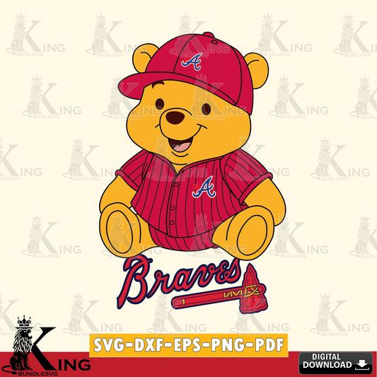 Detailed illustration of Atlanta Braves Winnie the Pooh in a cute baseball design, digital download for Cricut Maker and paper