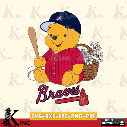 Printable art of Atlanta Braves Winnie the Pooh Flower Baseball SVG cut file for personalized gifts and laser projects