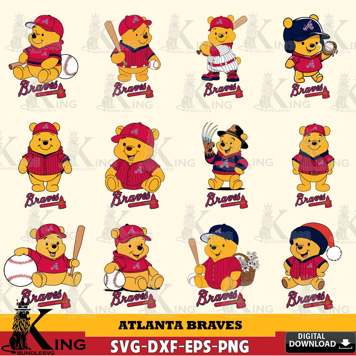 Variety pack of Atlanta Braves Winnie the Pooh baseball bundle, printable vector design for sublimation and crafts