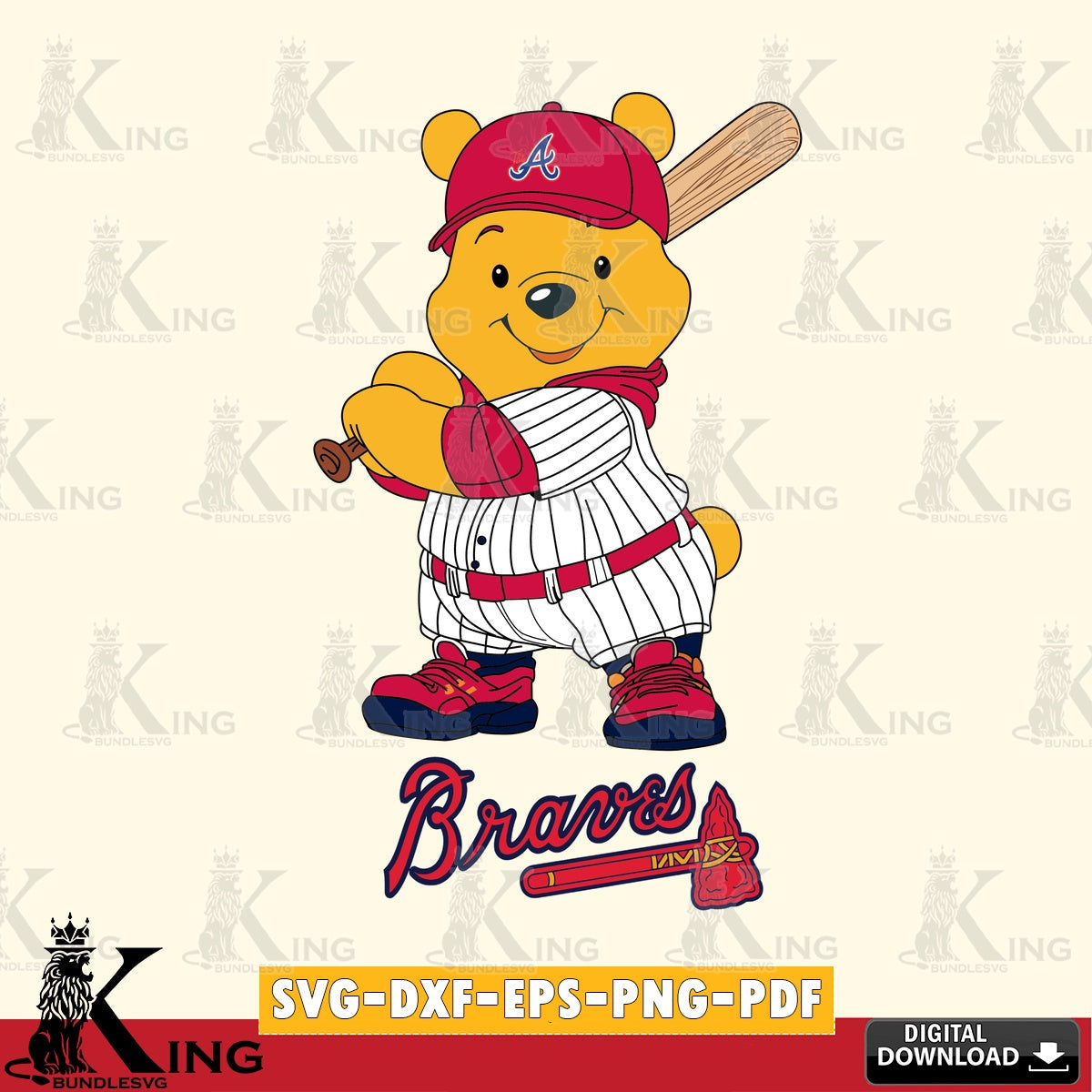 Digital download featuring Atlanta Braves Winnie the Pooh baseball player, versatile clip art for stickers, decals, and mugs.