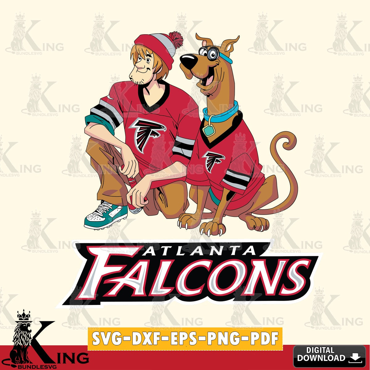 Printable art of Atlanta Falcons Shaggy and Scooby Doo football, vector illustration for POD merchandise and apparel