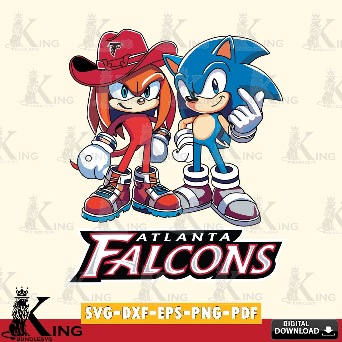 Modern graphic depicting Atlanta Falcons Sonic & Knuckles football mascot, a digital download for Cricut Maker and paper crafts.