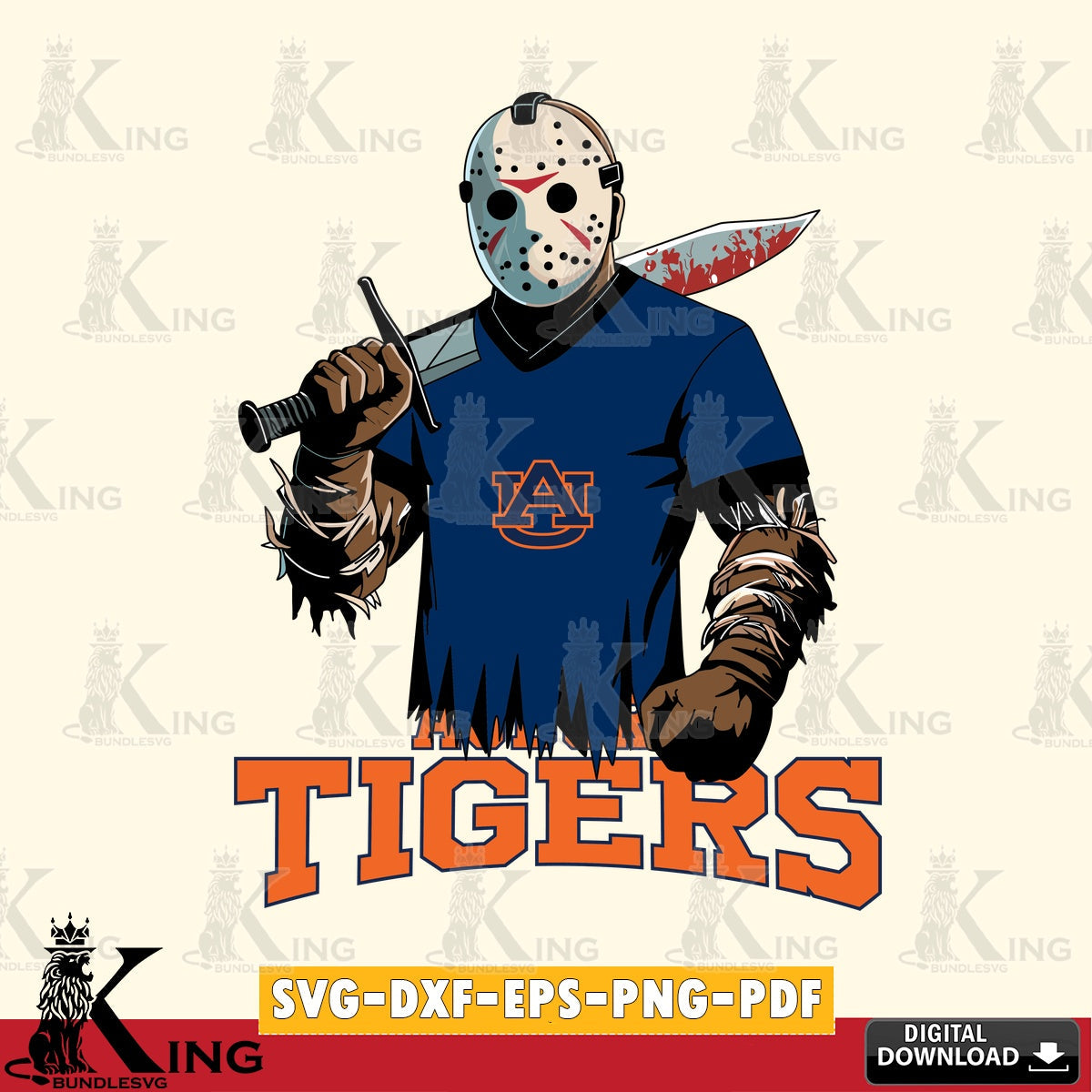 Custom design featuring Auburn Tigers Jason Voorhees football, a digital download for Cricut Maker and paper crafts.