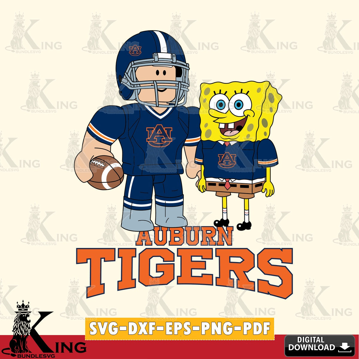 Vector design showing Auburn Tigers Roblox & Spongebob Football, NCAA Cricut crafting file for iron-on transfer and vinyl decals.