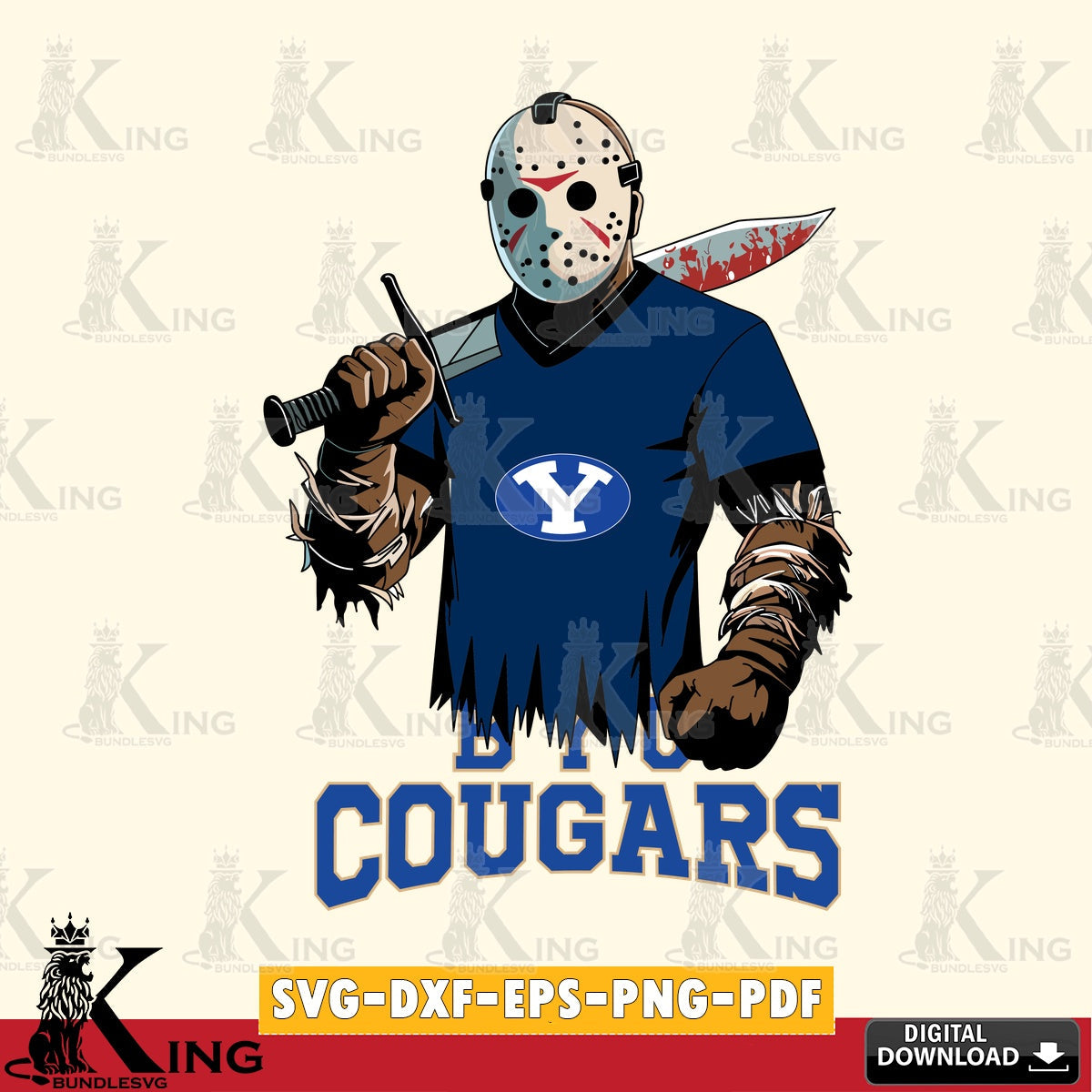 Vector design showing BYU Cougars Jason Voorhees football, NCAA, vector art for engraving, cutting, and printing.