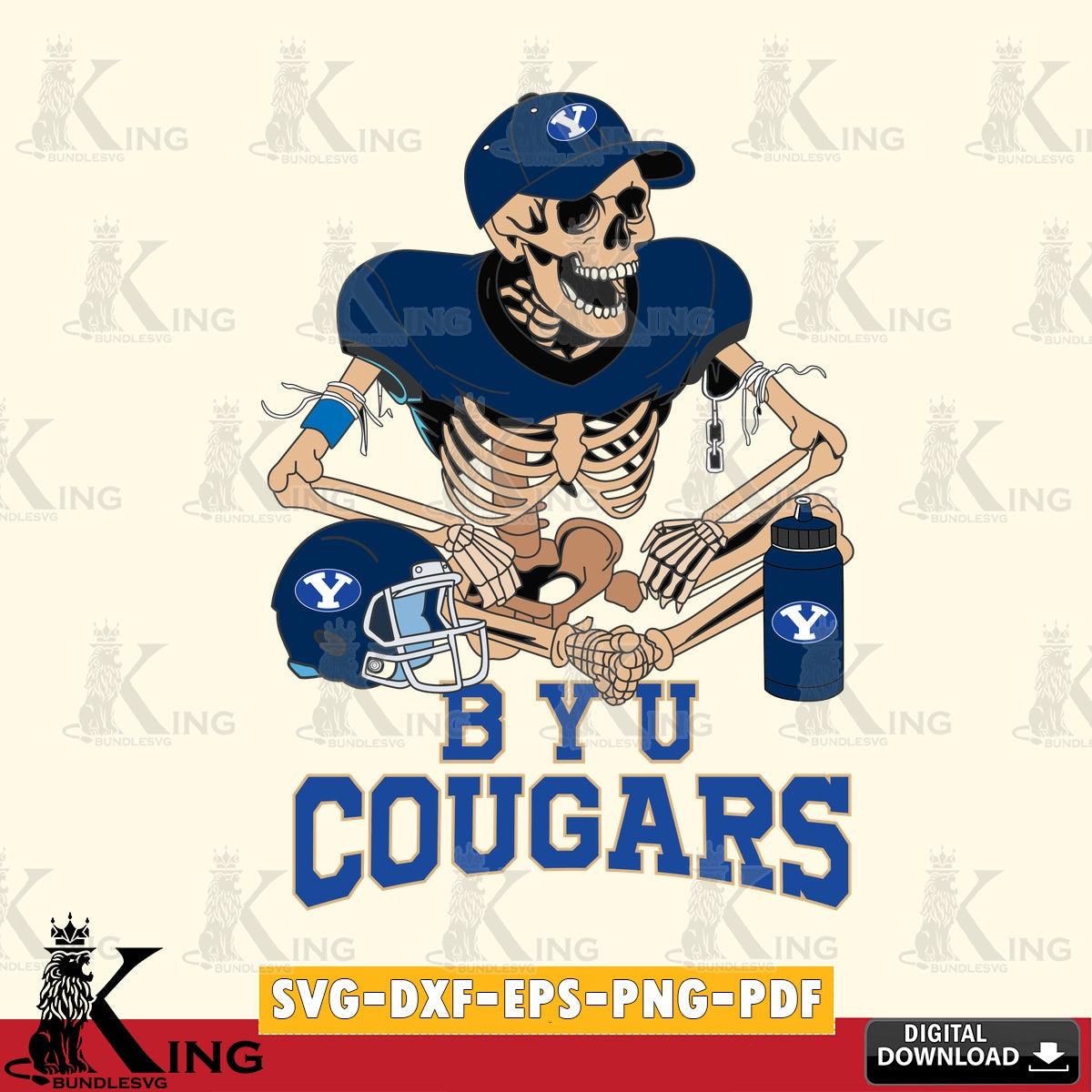 Vector design showing a BYU Cougars skeleton football player, a vector illustration for POD merchandise and apparel.