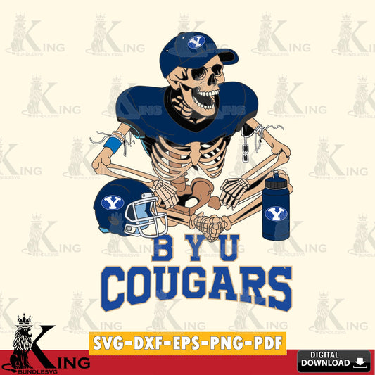 Vector design showing a BYU Cougars skeleton football player, a vector illustration for POD merchandise and apparel.