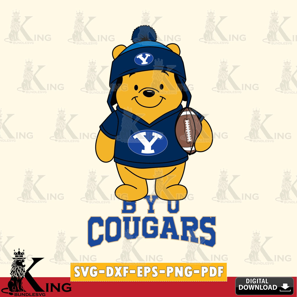 Stylish representation of BYU Cougars Winnie the Pooh player football, vector art for engraving, cutting, and printing
