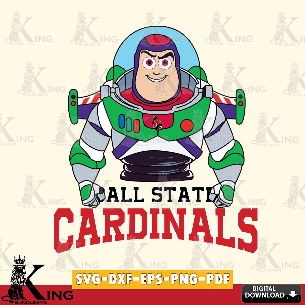 Digital download featuring Ball State Cardinals Buzz Lightyear football, a crafting file for iron-on transfer and vinyl decals.