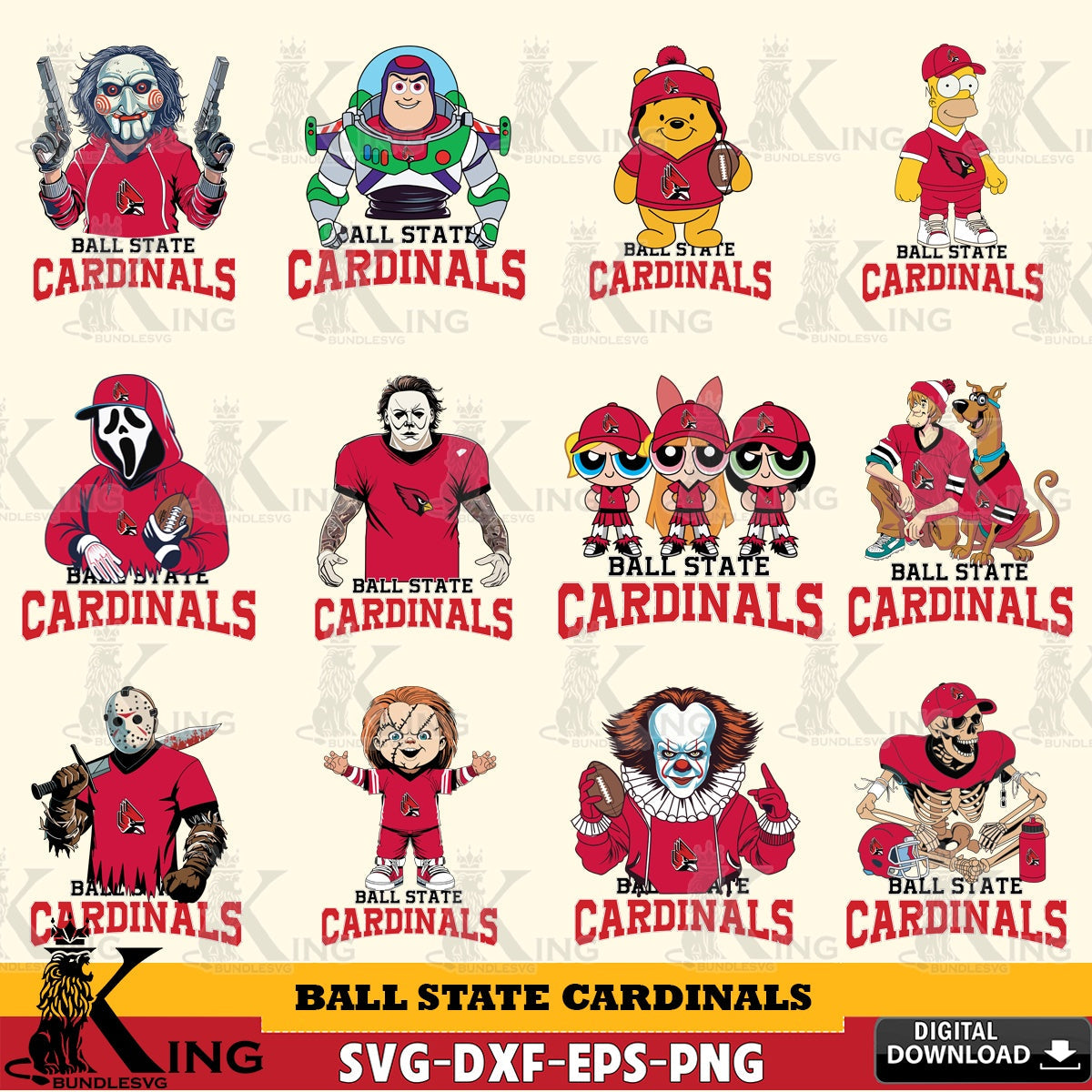 Exclusive set of Ball State Cardinals Cartoon Football NCAA Bundle high-quality vector for DIY scrapbooking and home decor