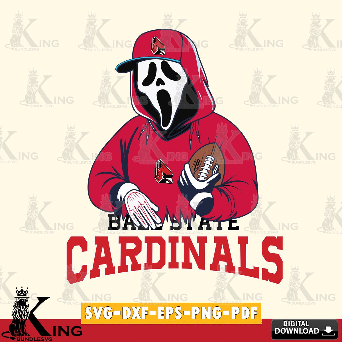 Vector design showing Ball State Cardinals Ghostface Scream football player, NCAA, vector illustration for POD merchandise and
