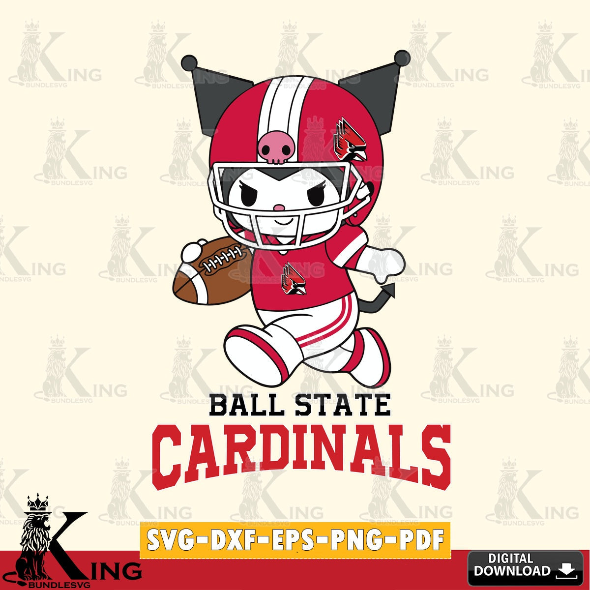 Ball State Cardinals Kuromi Football Run SVG file, Cricut, Cut file  , Digital Download , Instant Download, Sanrio svg, Clipart