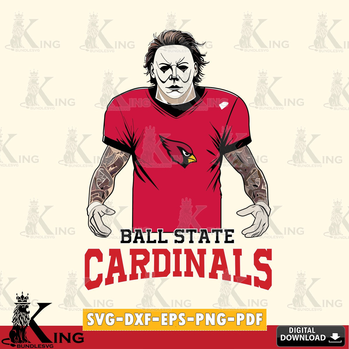 Creative design featuring Ball State Cardinals Michael Myers Tattoo Football, SVG PNG files perfect for Cricut and Silhouette