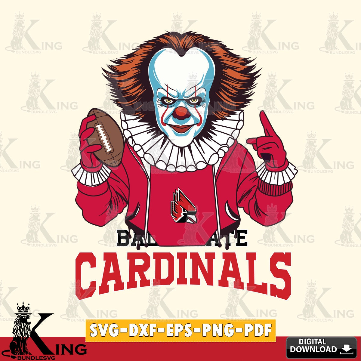 Modern graphic depicting Ball State Cardinals Pennywise player football, a digital download for Cricut Maker and paper crafts