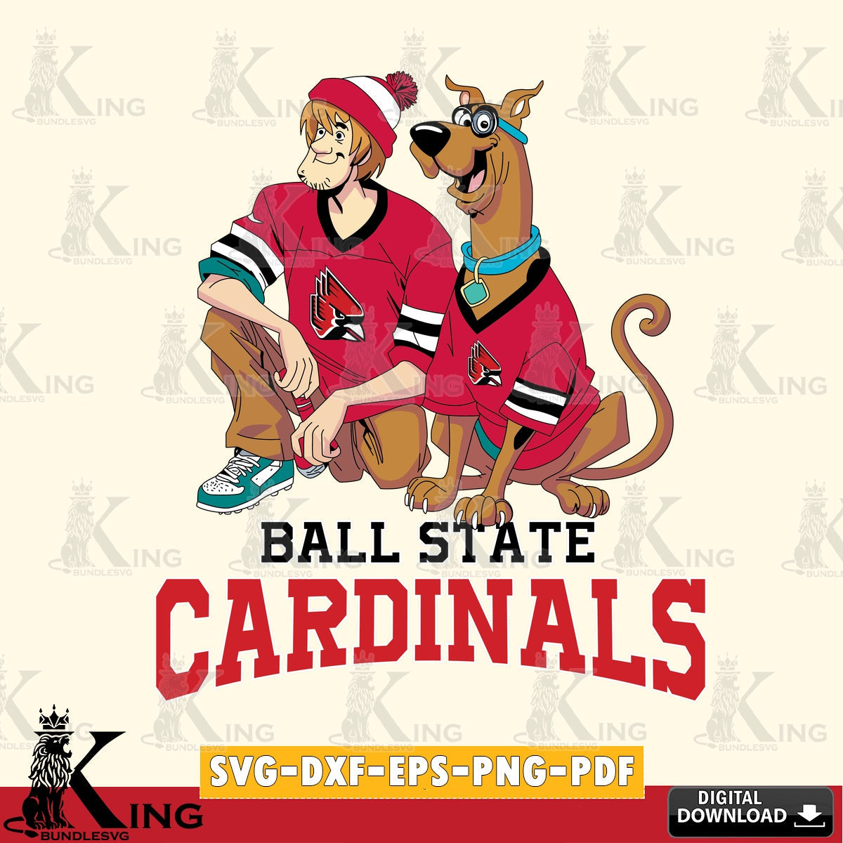 Detailed illustration of Ball State Cardinals Shaggy and Scooby Doo football PNG clipart for sublimation printing and graphic