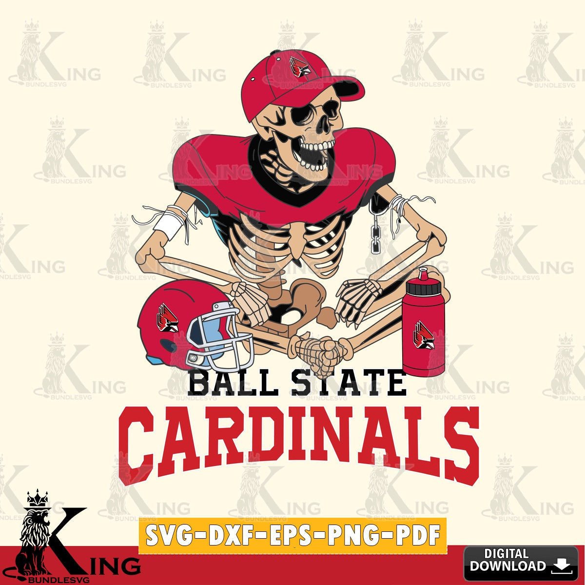 Eye-catching graphic of a Ball State Cardinals skeleton player football, a printable vector design for sublimation and crafts