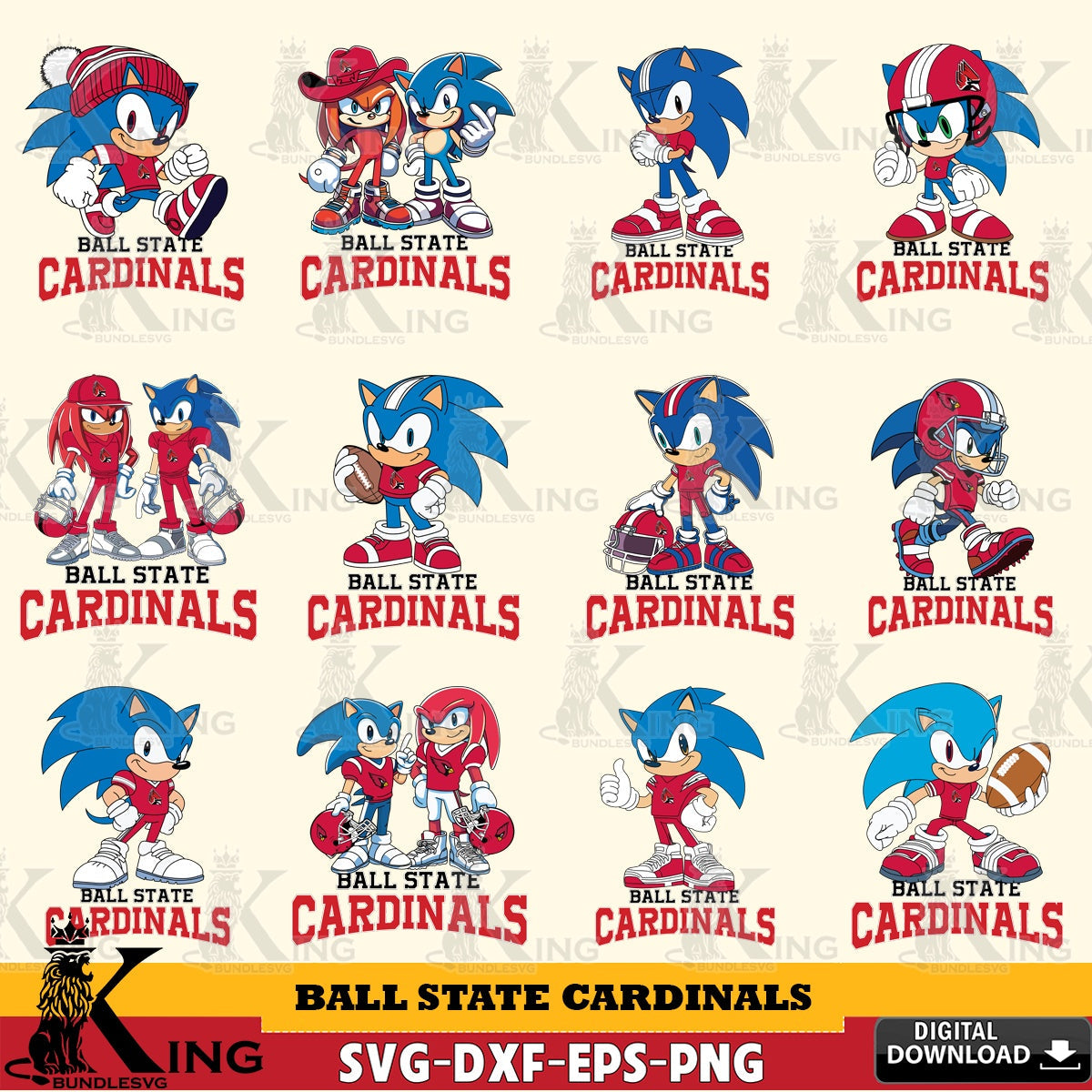 Premium pack containing Ball State Cardinals Sonic & Knuckles NCAA Football Bundle SVG PNG design suitable for Glowforge and