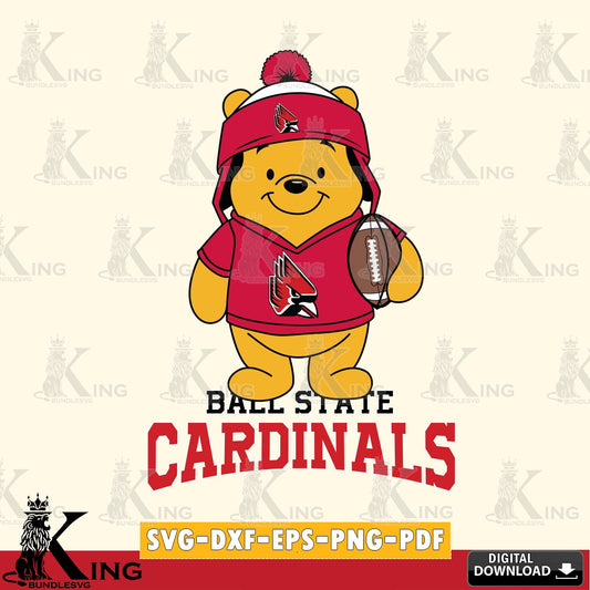 Eye-catching graphic of Ball State Cardinals Winnie the Pooh player on a football SVG cut file for personalized gifts and laser