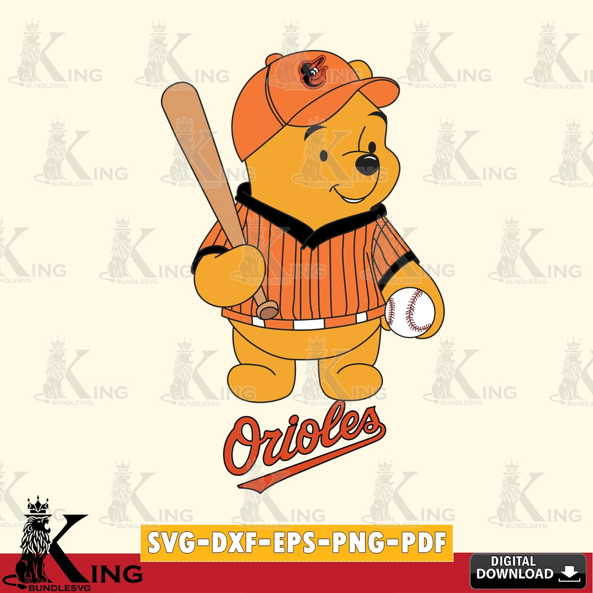 Beautiful illustration of a Baltimore Orioles baseball batter Winnie the Pooh, cut file ideal for vinyl projects and T-shirt