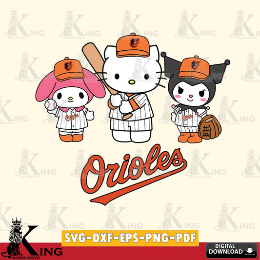 Hand-drawn style art of Baltimore Orioles cute kawaii friends, crafting file for iron-on transfer and vinyl decals.