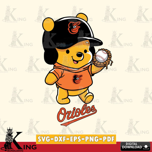 Digital download featuring Baltimore Orioles Pooh Bear baseball, versatile clip art for stickers, decals, and mugs.