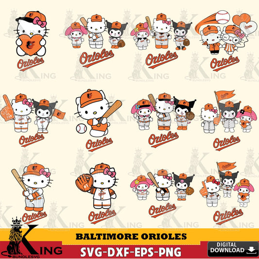 Huge collection of Baltimore Orioles Sanrio Squad Baseball MLB Bundle crafting file for iron-on transfer and vinyl decals