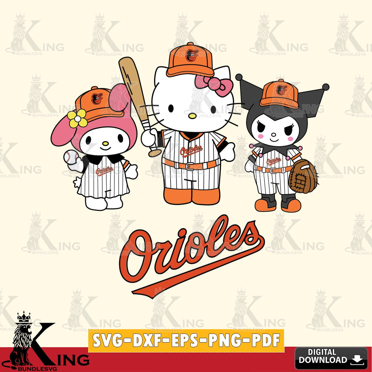 Giant set featuring Baltimore Orioles Squad kitty kuromi melody, a high-quality vector for DIY scrapbooking and home decor