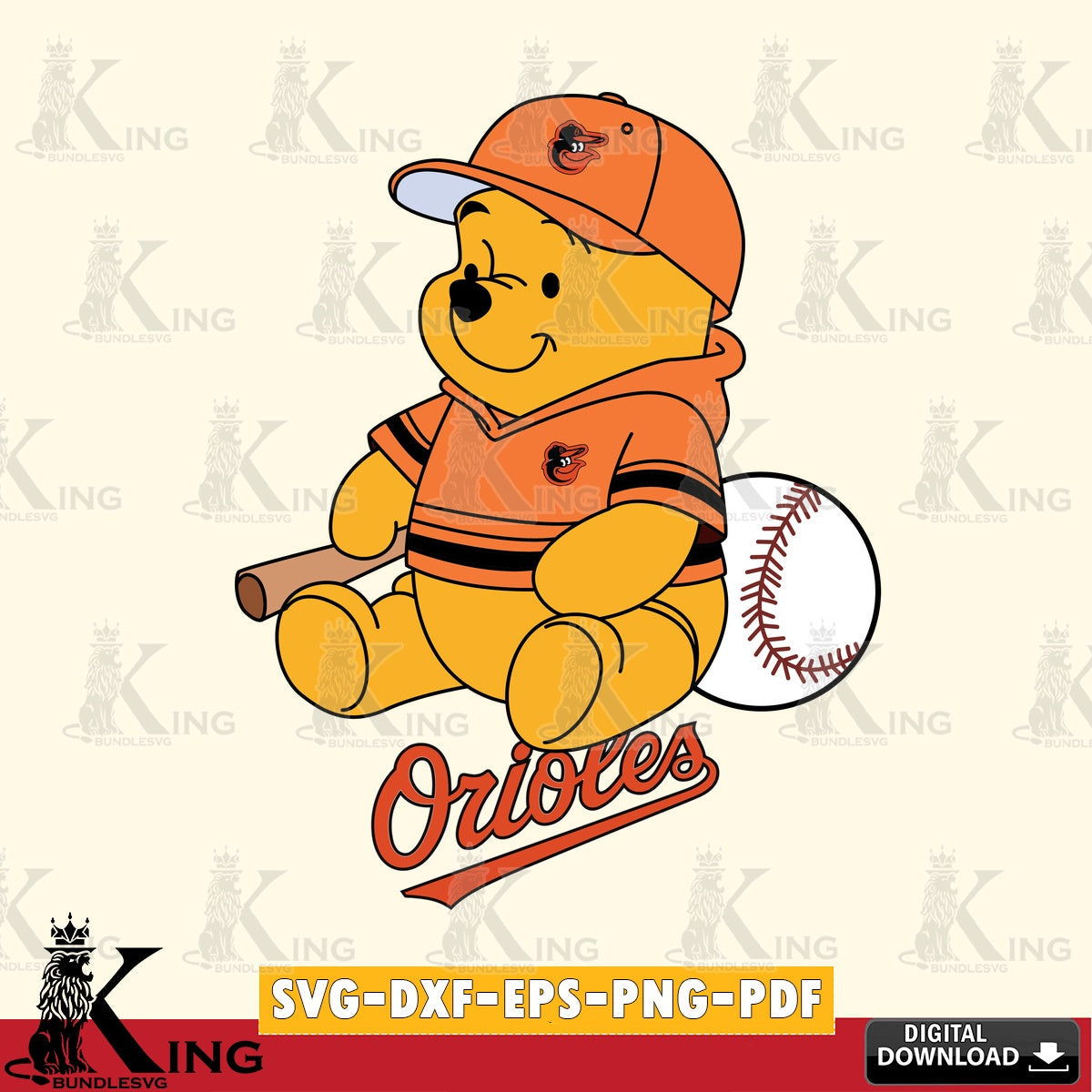 Digital clipart of Baltimore Orioles Winnie the Pooh baseball, versatile clip art for stickers, decals, and mugs