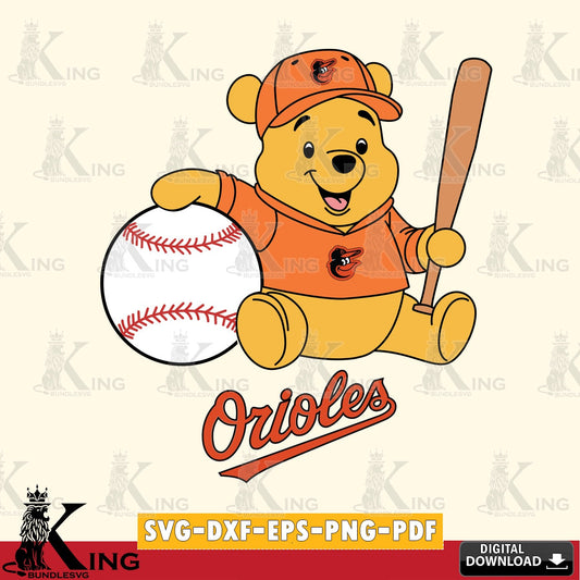Stylish representation of Baltimore Orioles Winnie the Pooh Baseball Star Player vector art for engraving, cutting, and printing.