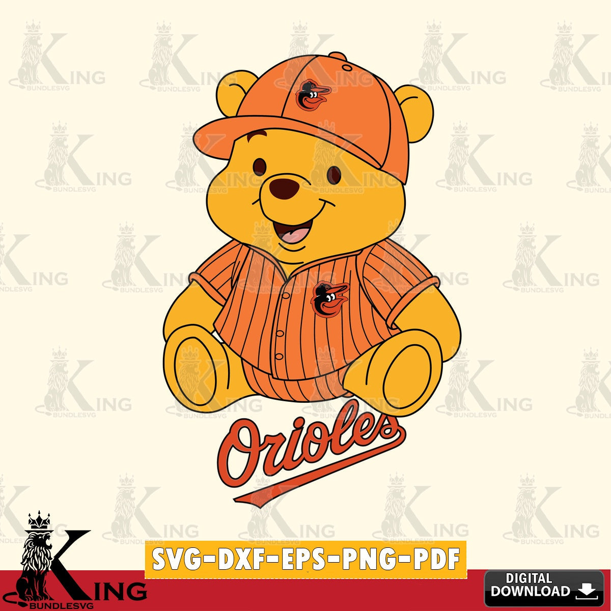 Beautiful illustration of a Baltimore Orioles Winnie the Pooh cute baseball design, SVG PNG files perfect for Cricut and