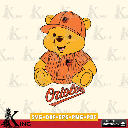 Beautiful illustration of a Baltimore Orioles Winnie the Pooh cute baseball design, SVG PNG files perfect for Cricut and