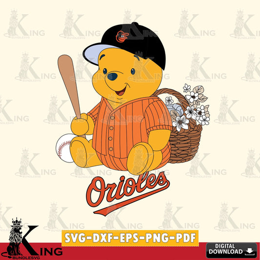 Unique artwork depicting Baltimore Orioles Winnie the Pooh Flower Baseball, a printable vector design for sublimation and crafts