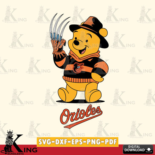 Stylish representation of Baltimore Orioles Winnie the Pooh Freddy Krueger baseball, crafting file for iron-on transfer and vinyl