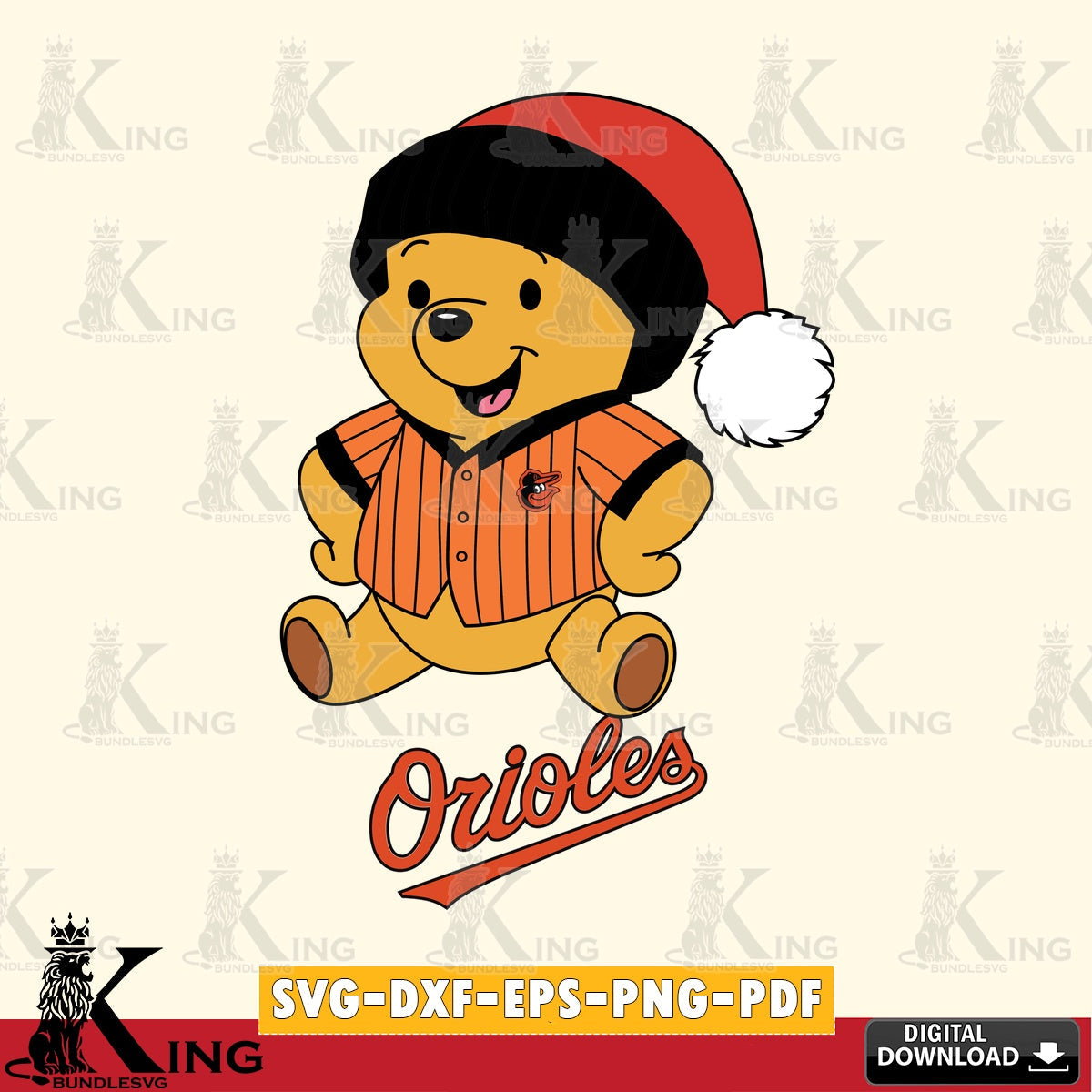 Detailed illustration of Baltimore Orioles Winnie the Pooh playing ball, a crafting file for iron-on transfer and vinyl decals.