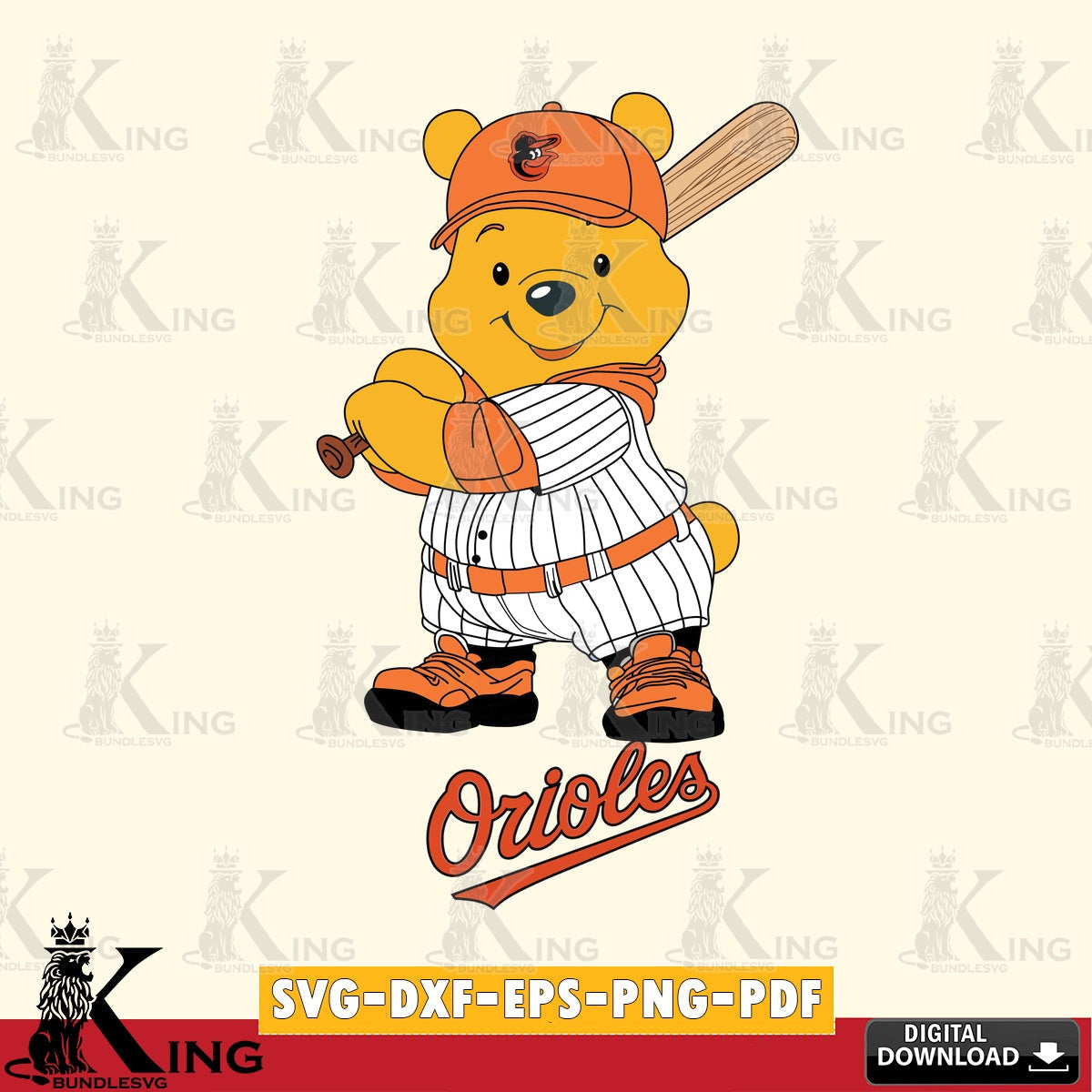 Hand-drawn style art of Baltimore Orioles Winnie the Pooh player baseball, vector illustration for POD merchandise and apparel