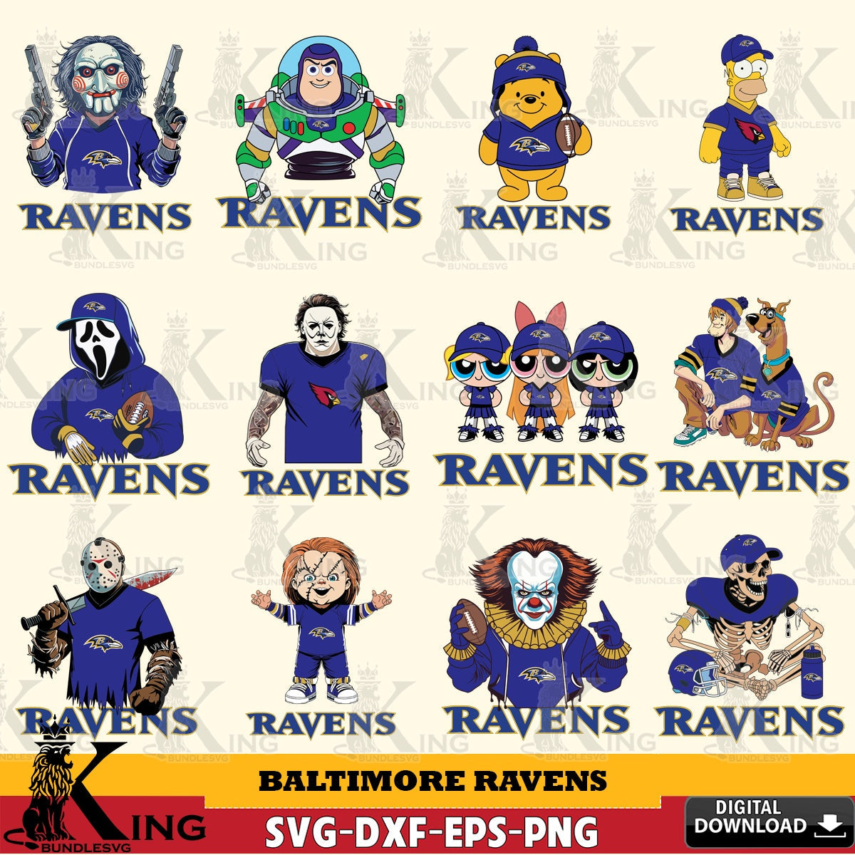 Comprehensive collection of Baltimore Ravens Cartoon Football NFL Bundle SVG PNG files perfect for Cricut and Silhouette cutting