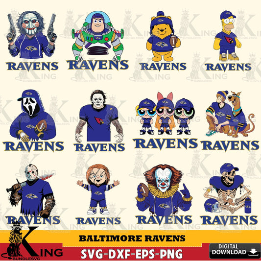 Comprehensive collection of Baltimore Ravens Cartoon Football NFL Bundle SVG PNG files perfect for Cricut and Silhouette cutting