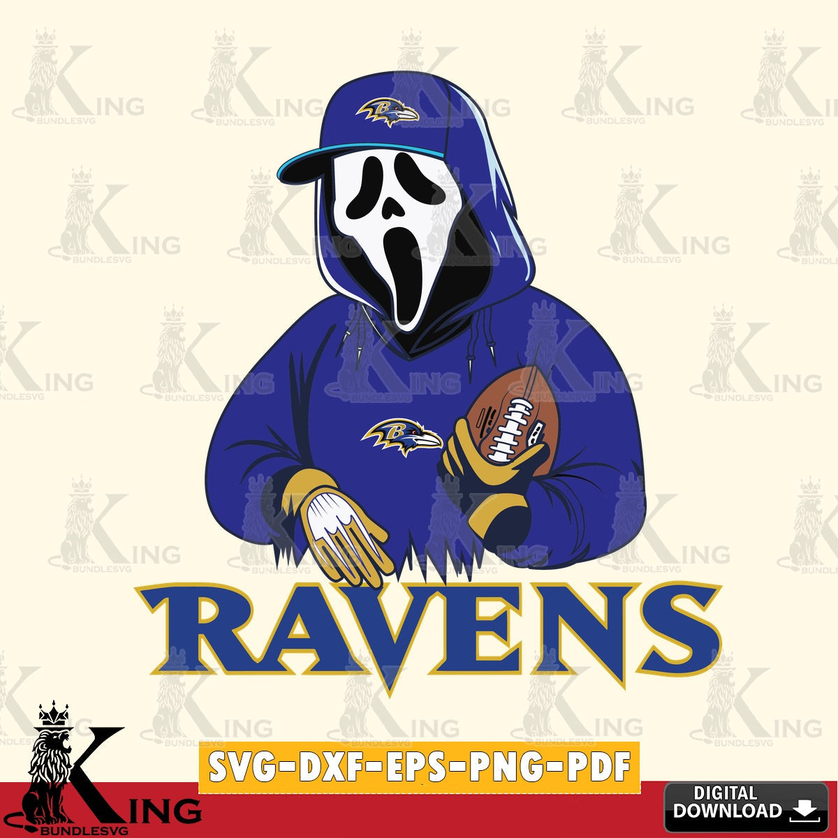 Hand-drawn style art of Baltimore Ravens Ghostface Scream player Football, printable vector design for sublimation and crafts
