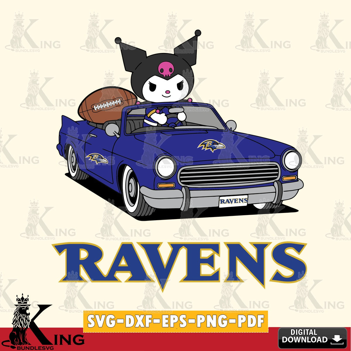 Baltimore Ravens Kuromi Car Football Game SVG file, Cricut, Cut file  , Digital Download , Instant Download, Sanrio svg, Clipart