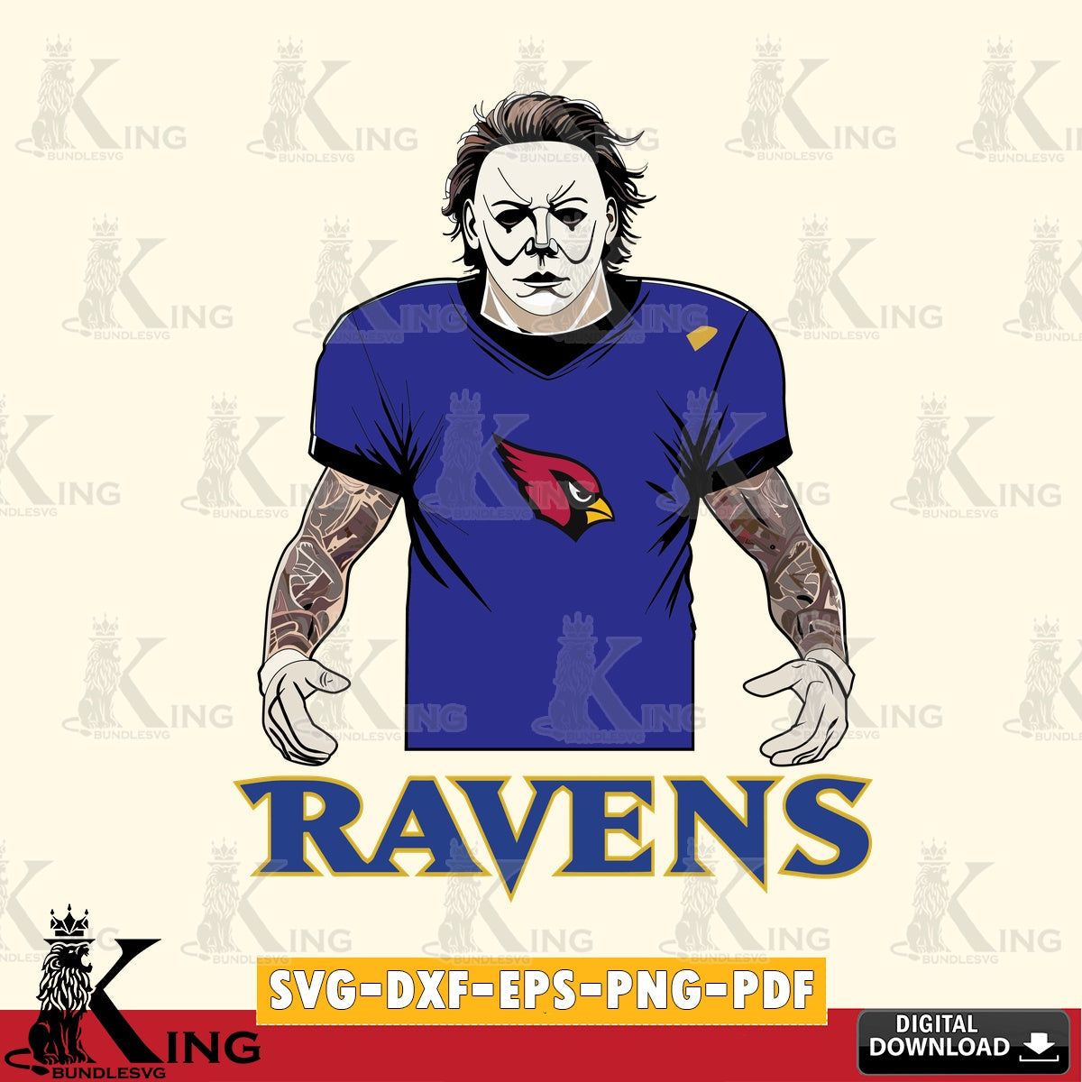 Eye-catching graphic of a Baltimore Ravens Michael Myers tattoo football, PNG clipart for sublimation printing and graphic design