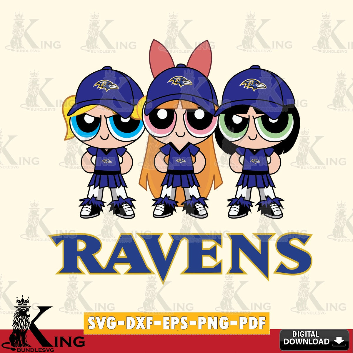 Beautiful illustration of Baltimore Ravens PowerPuff Girls football, crafting file for iron-on transfer and vinyl decals