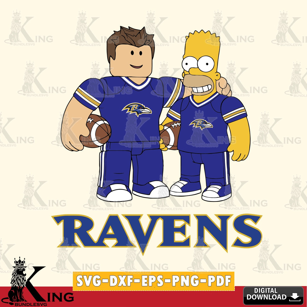 Detailed illustration of Baltimore Ravens Roblox & Homer Simpson Football, SVG PNG files perfect for Cricut and Silhouette cutting