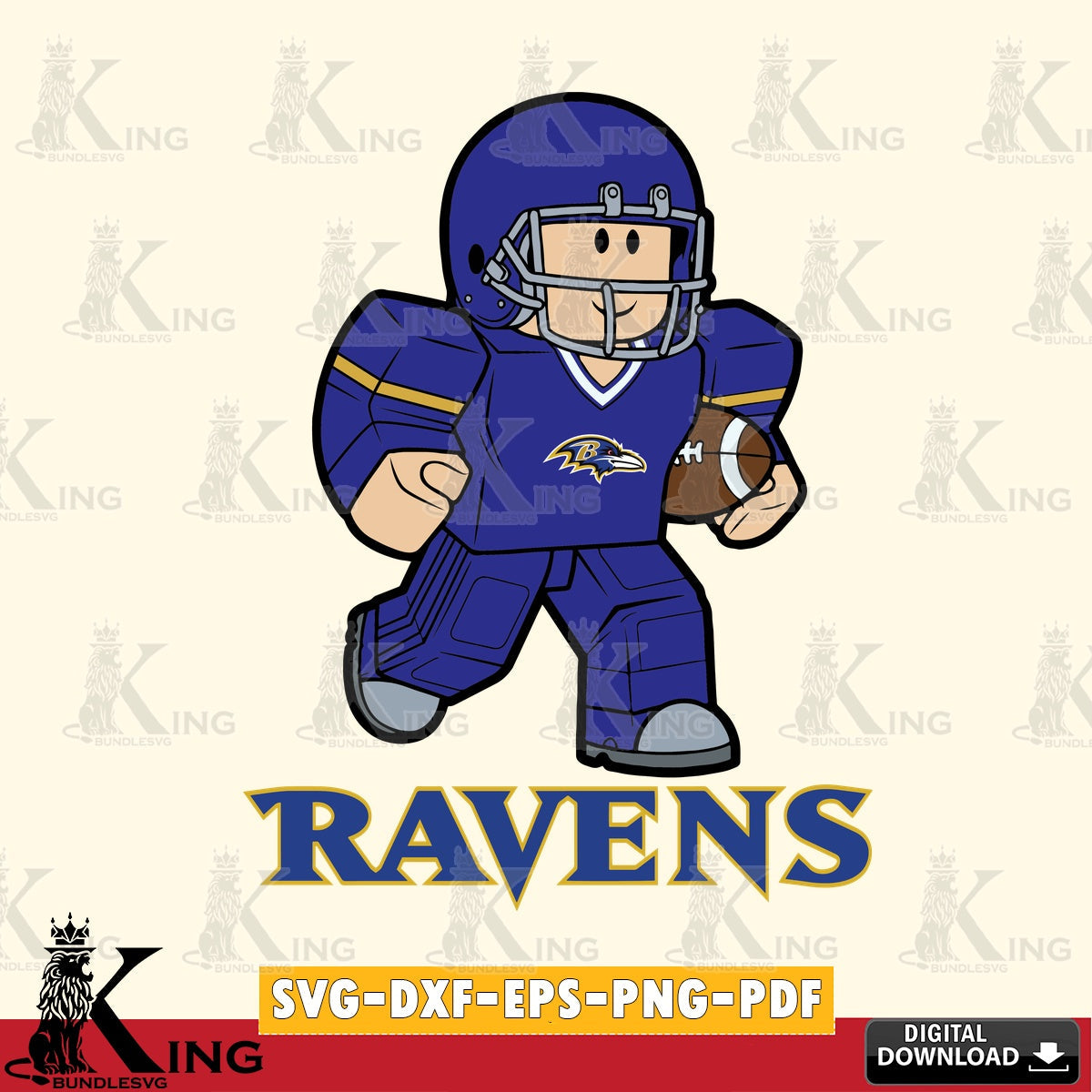 Creative design featuring a Baltimore Ravens Roblox player in a rugby pose, a digital download for Cricut Maker and paper crafts.
