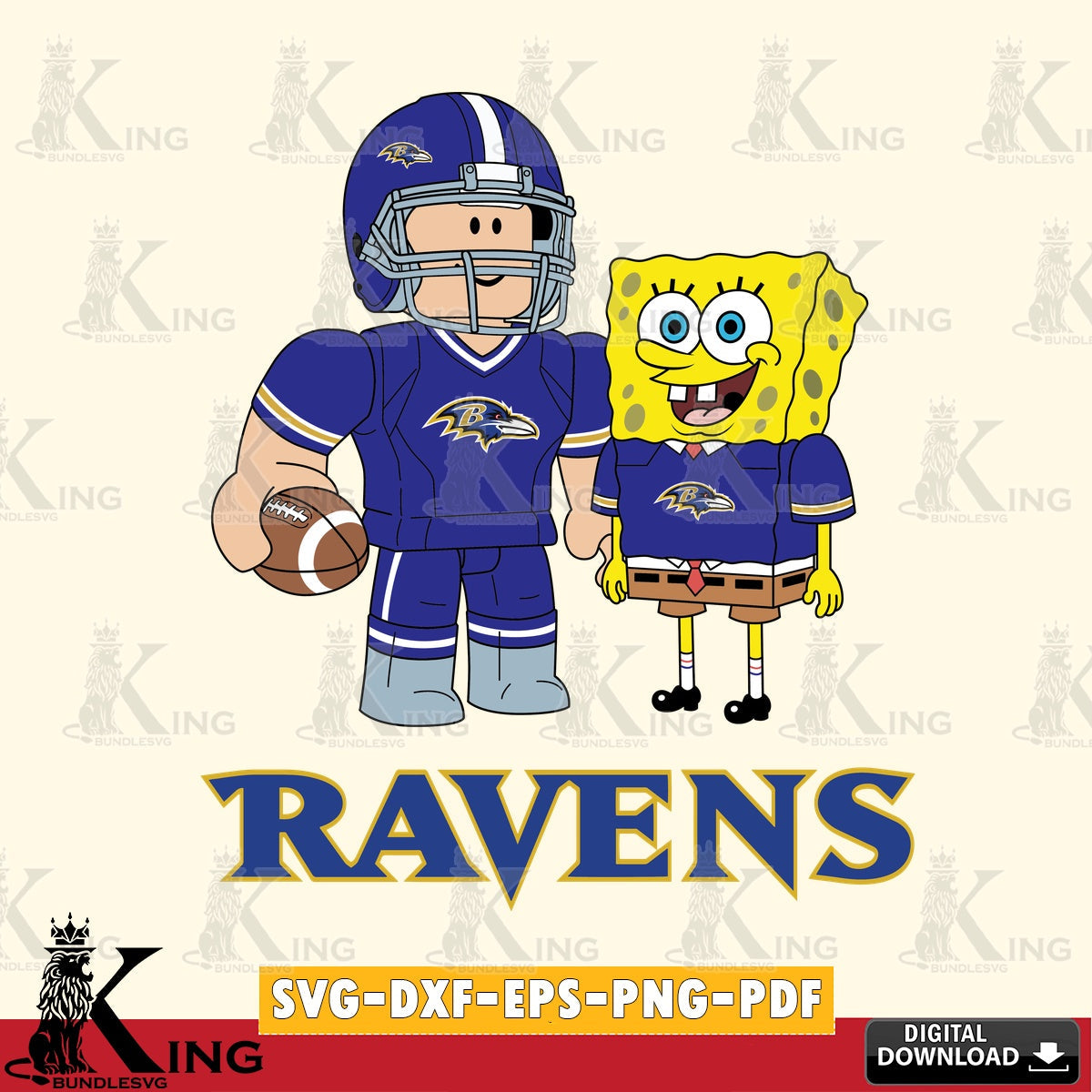 Modern graphic depicting Baltimore Ravens Roblox & Spongebob Football, NFL file cut, SVG PNG files perfect for Cricut and