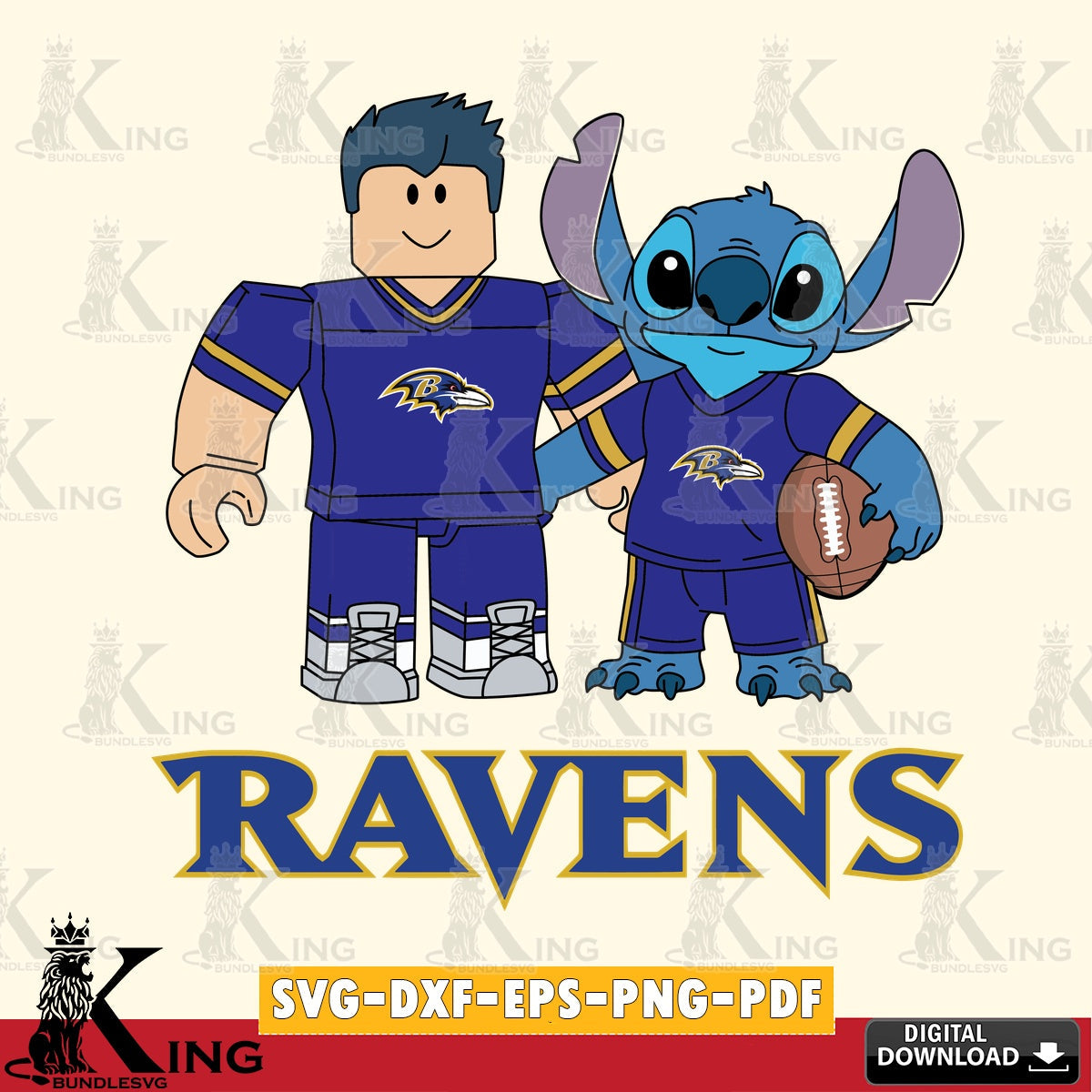 Creative design featuring Baltimore Ravens Roblox Stitch Football, PNG clipart for sublimation printing and graphic design