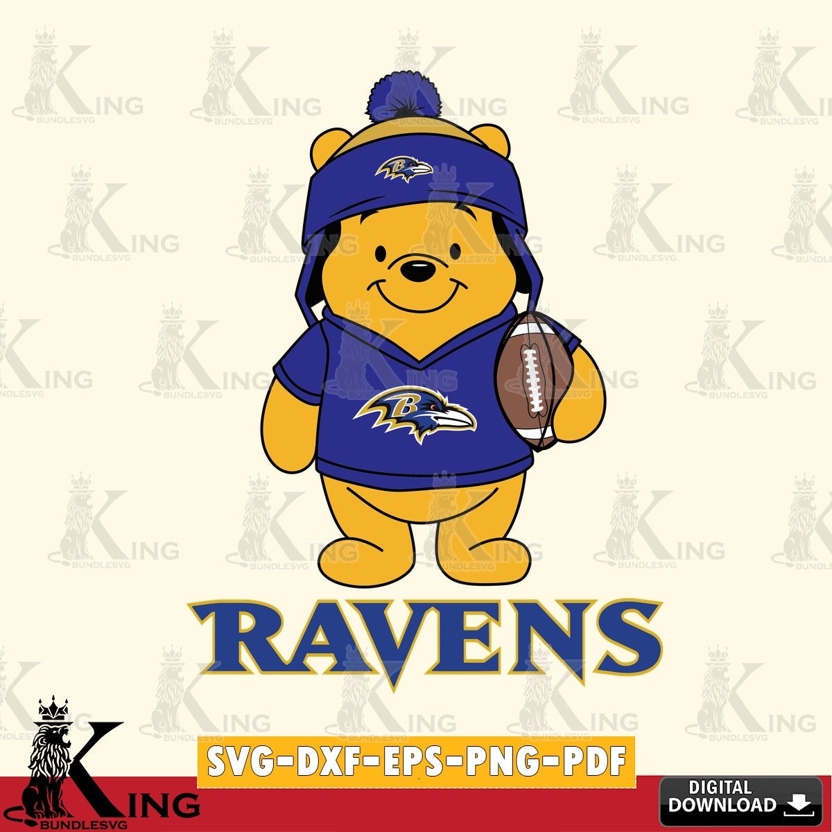 Custom design featuring Baltimore Ravens Winnie the Pooh player football, PNG clipart for sublimation printing and graphic design
