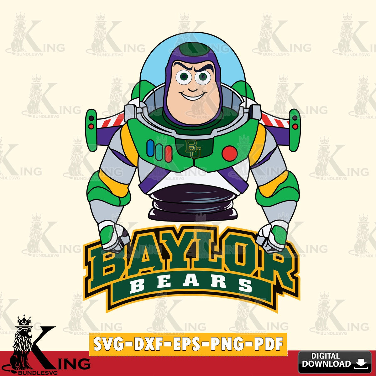 Hand-drawn style art of Baylor Bears Buzz Lightyear football, NCAA, versatile clip art for stickers, decals, and mugs.