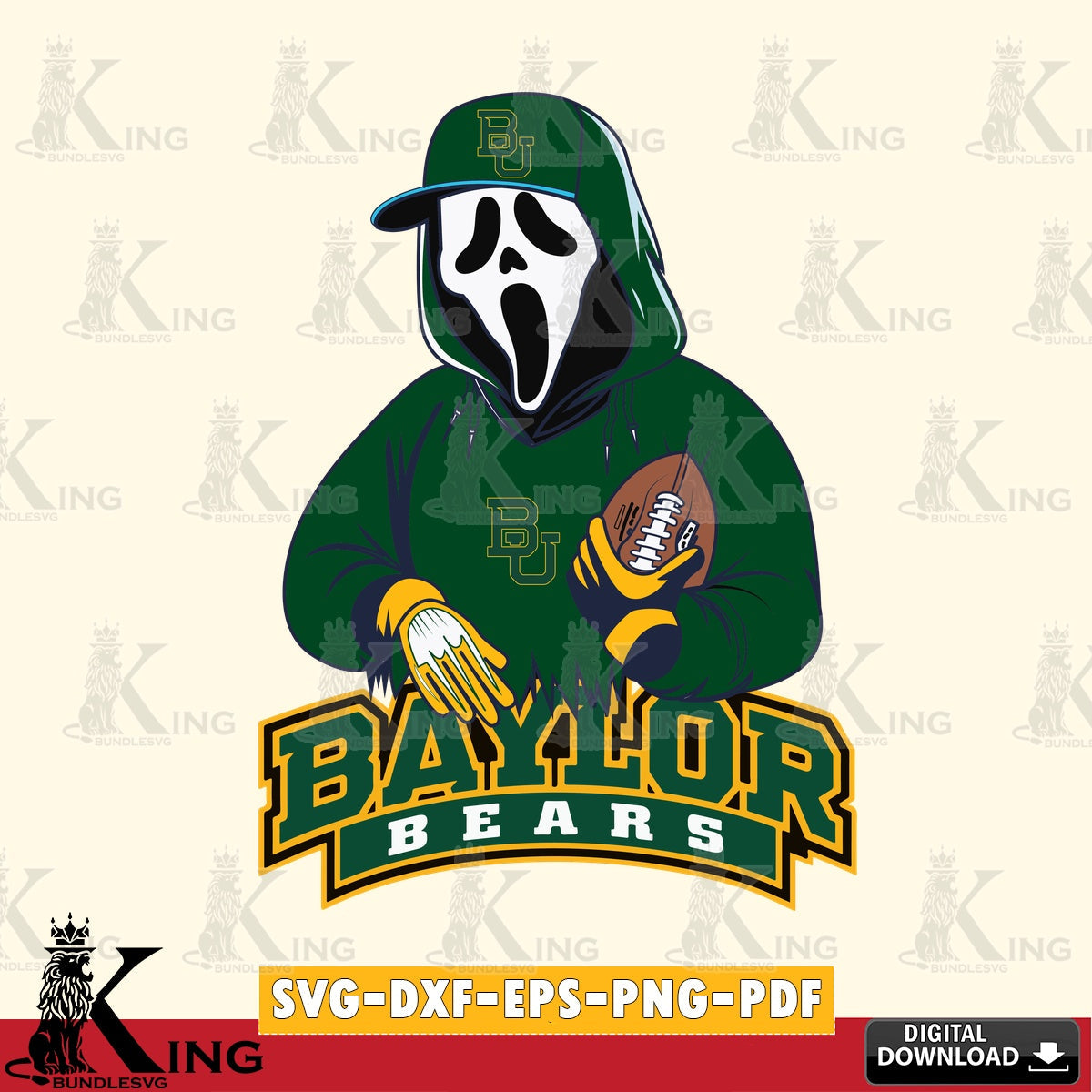 Digital download featuring a Baylor Bears Ghostface Scream football player NCAA design, SVG PNG design suitable for Glowforge and