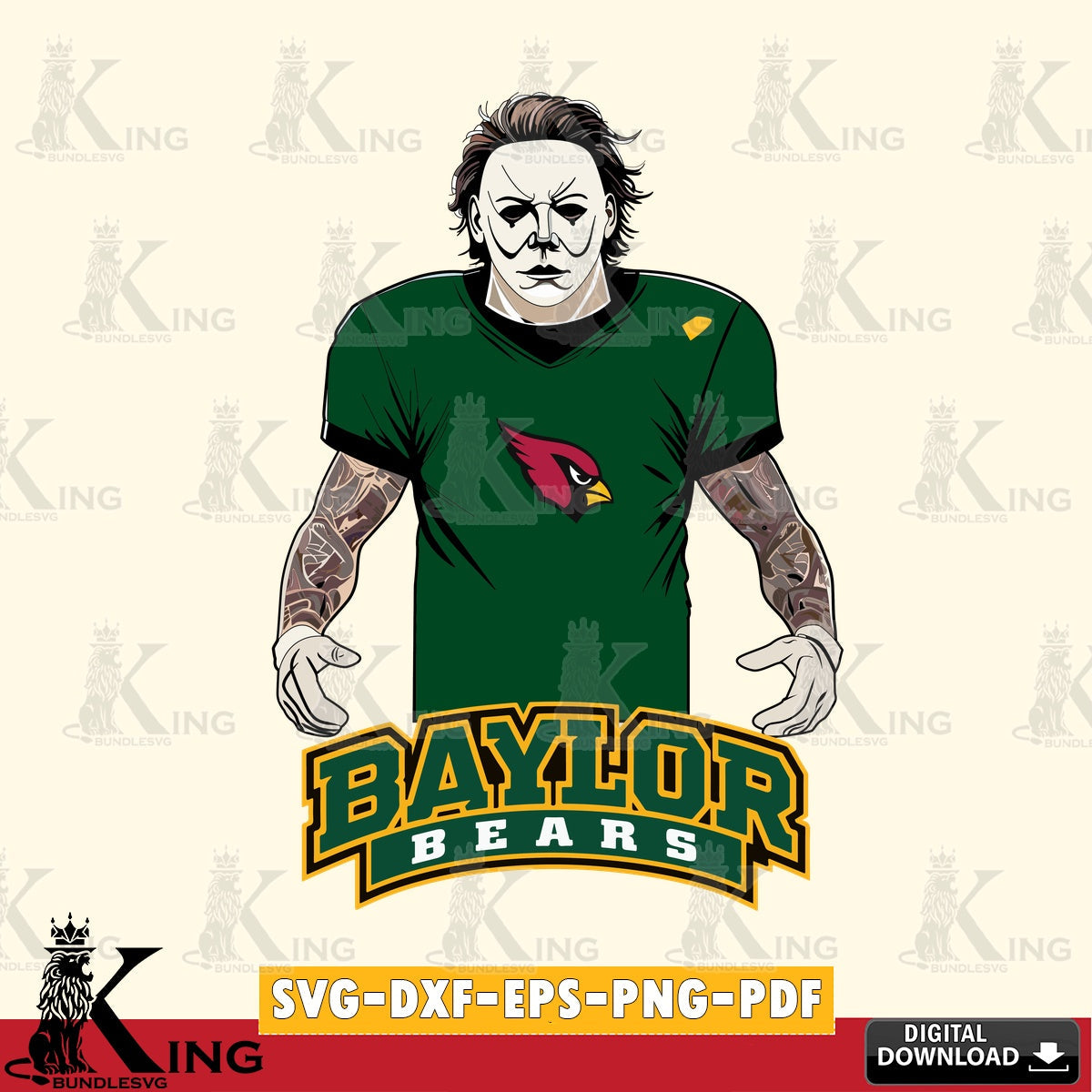 Beautiful illustration of a Baylor Bears Michael Myers Tattoo Football, NCAA design SVG PNG design suitable for Glowforge and