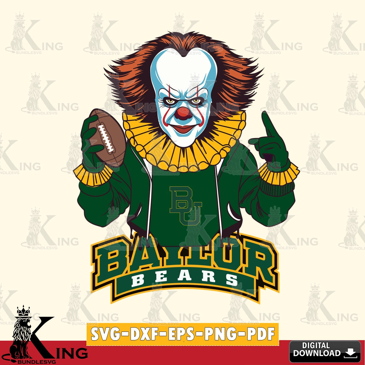 Beautiful illustration of a Baylor Bears Pennywise football player, a cut file ideal for vinyl projects and T-shirt printing